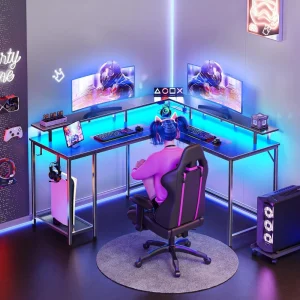 Desk L Shaped Gaming Desk with LED Lights & Power Outlets